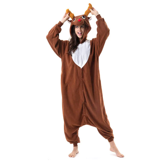 Beauty Shine Unisex Adult Onesie One Piece Pajamas Cosplay Cartoon Costume Halloween Christmas Sleepwear Jumpsuit Homewear Large Coffee Reindeer